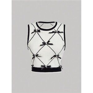Diamond Grid,Contrast Color Bowknot & Diamond Pattern Women Sweater Vest